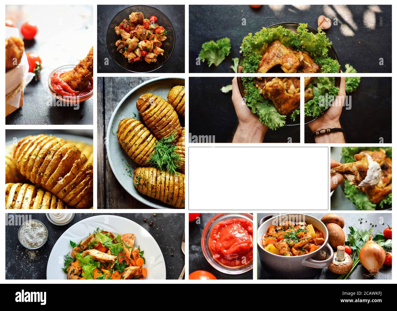 Various tasty food close-up. Food collage. Assortment and menu. Free space for text. Menu cover Stock Photo