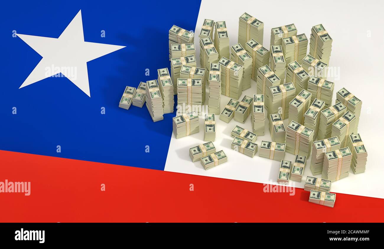 Stacks of 100 Dollar banknotes on Chile national flag. 3D Rendering ...