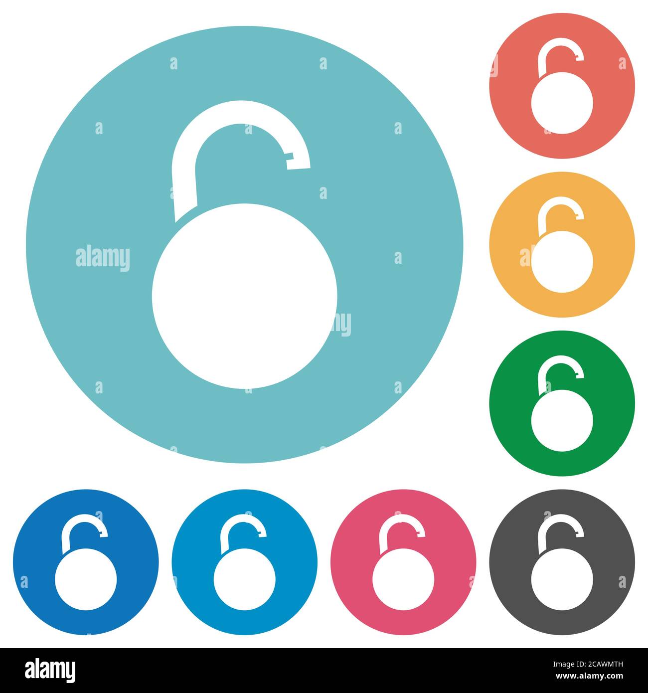 Unlocked round padlock flat white icons on round color backgrounds ...