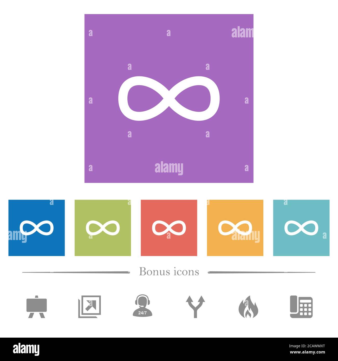 Infinity symbol flat white icons in square backgrounds. 6 bonus icons ...