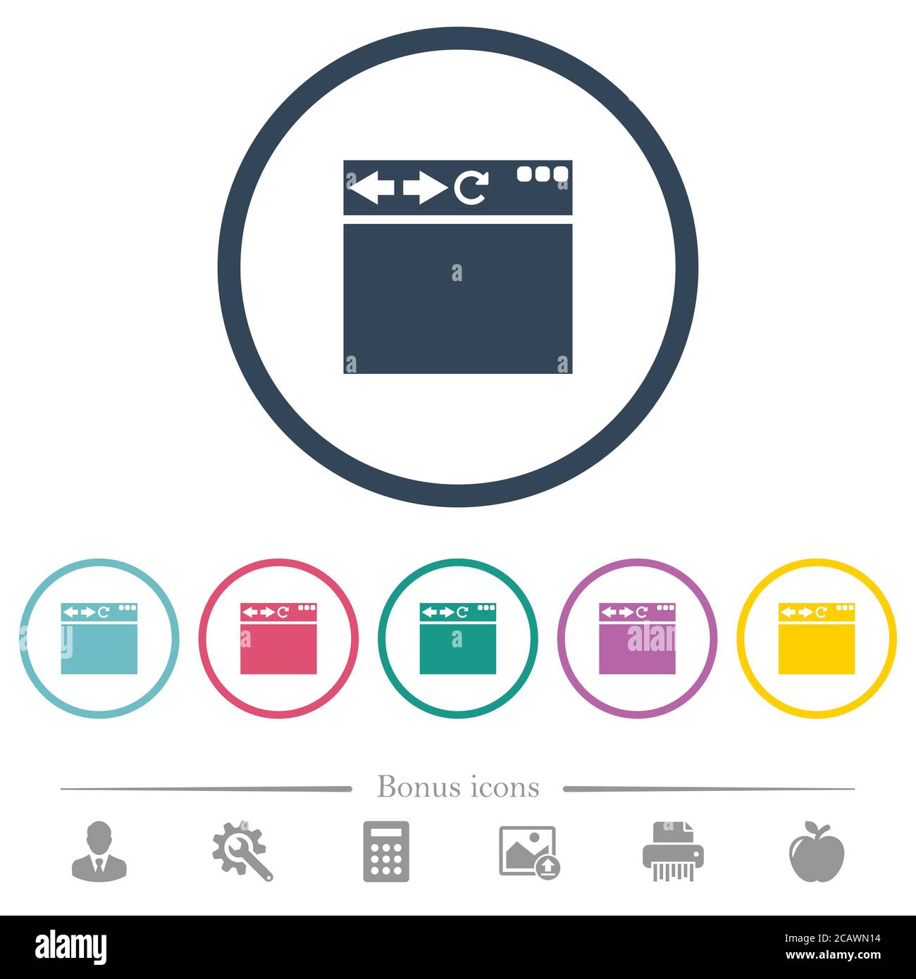 Empty browser window flat color icons in round outlines. 6 bonus icons ...