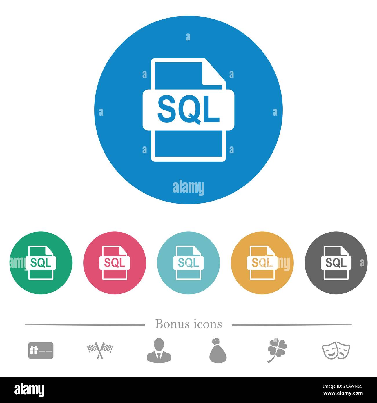 SQL file format flat white icons on round color backgrounds. 6 bonus ...