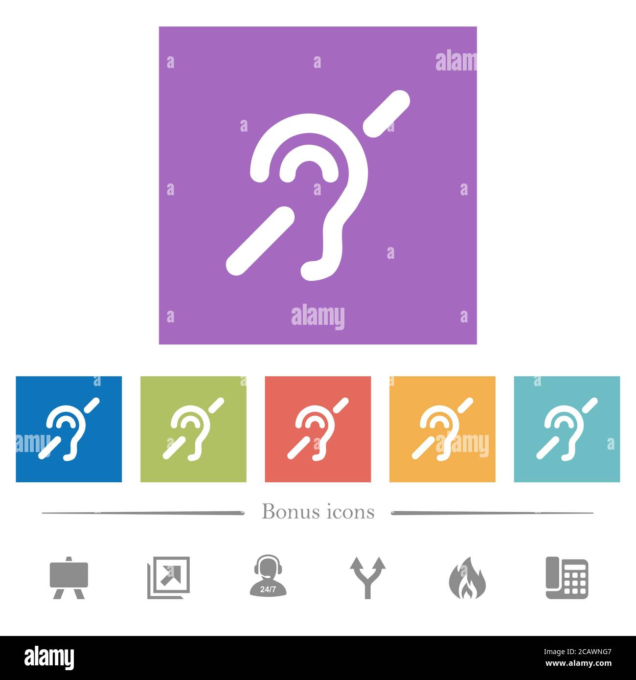 Hearing impaired flat white icons in square backgrounds. 6 bonus icons