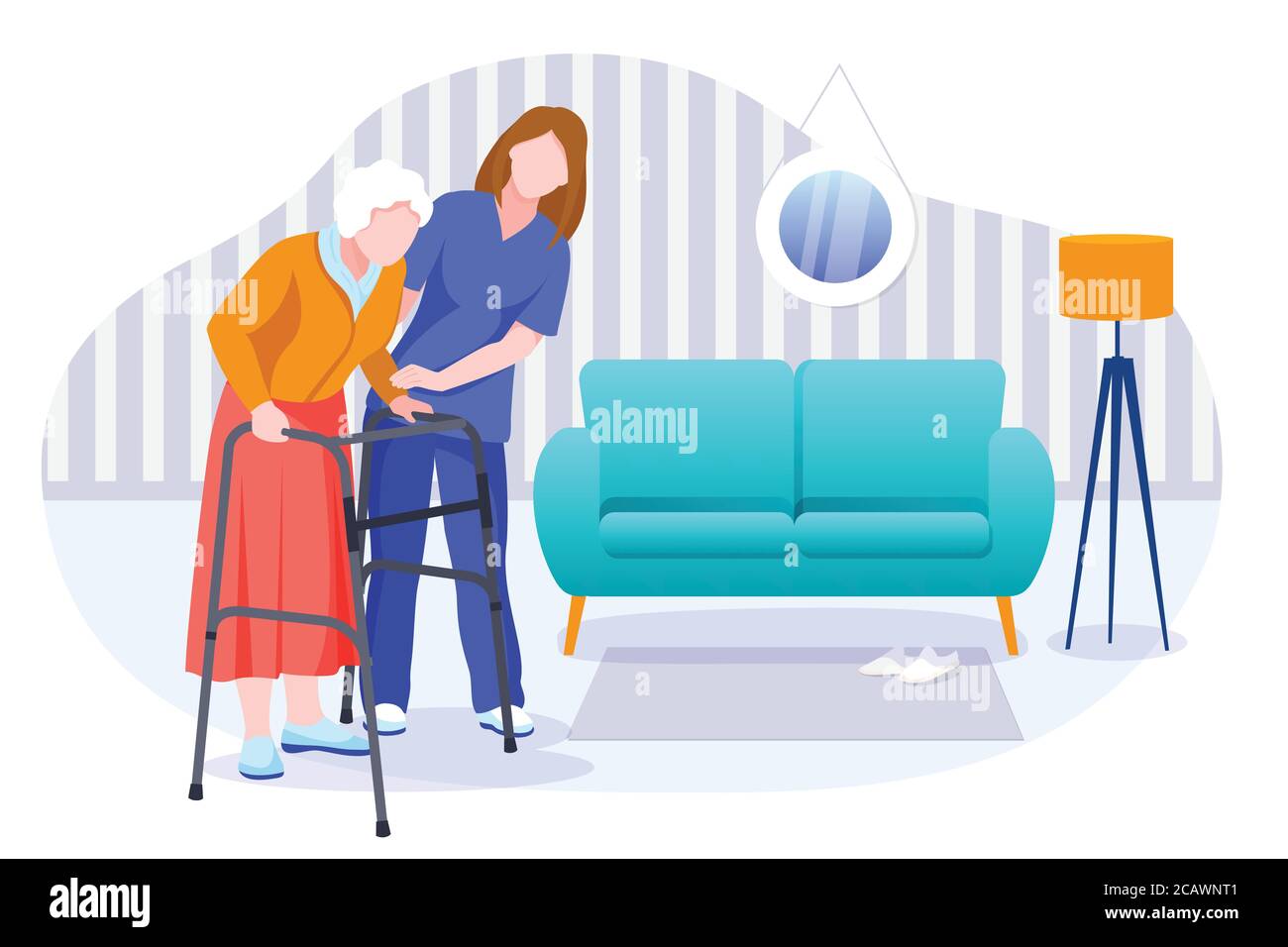 Home care services for seniors. Nurse or volunteer worker taking care of an elderly woman. Vector flat cartoon characters and room interior illustrati Stock Vector