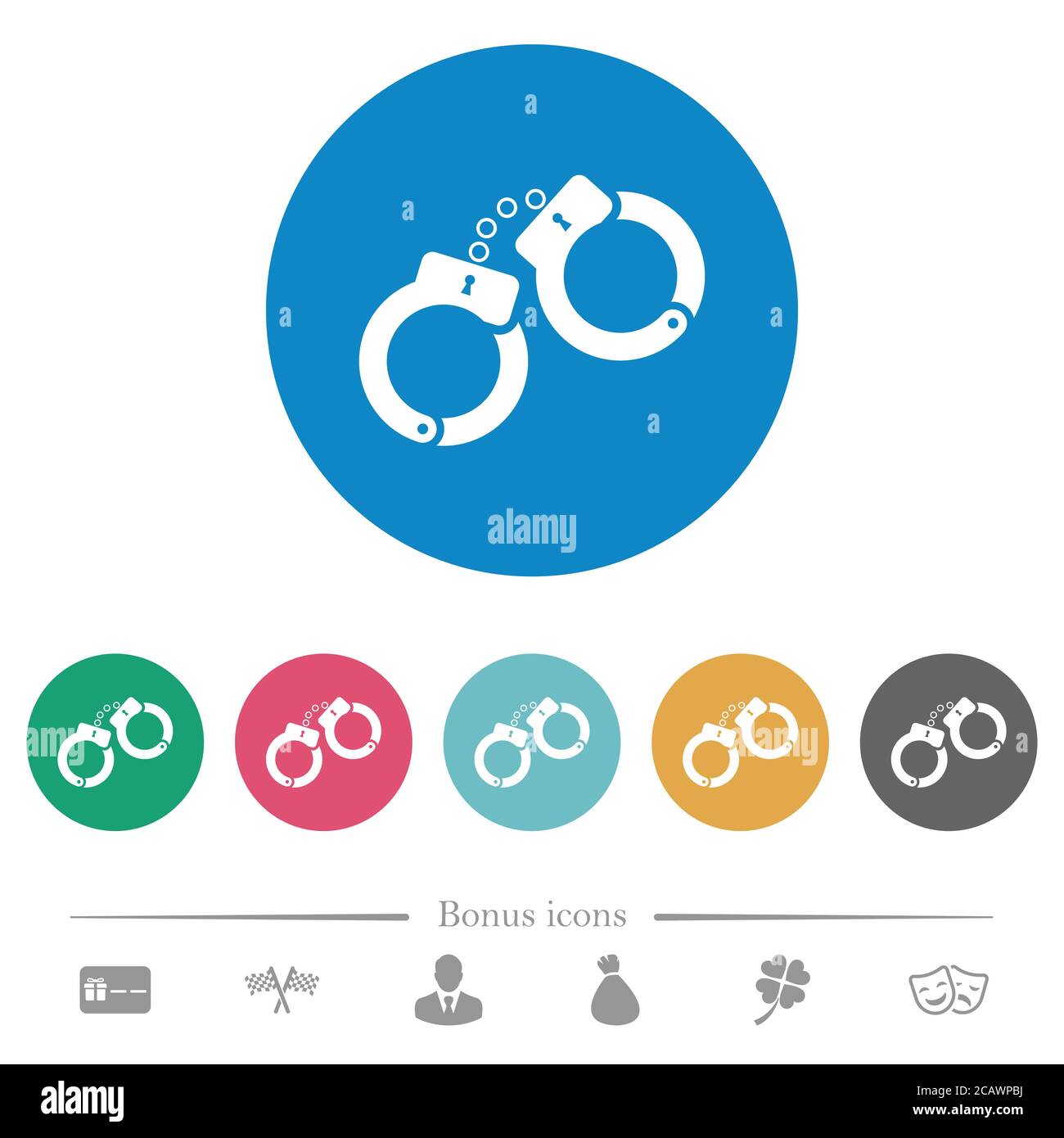 Handcuffs flat white icons on round color backgrounds. 6 bonus icons ...