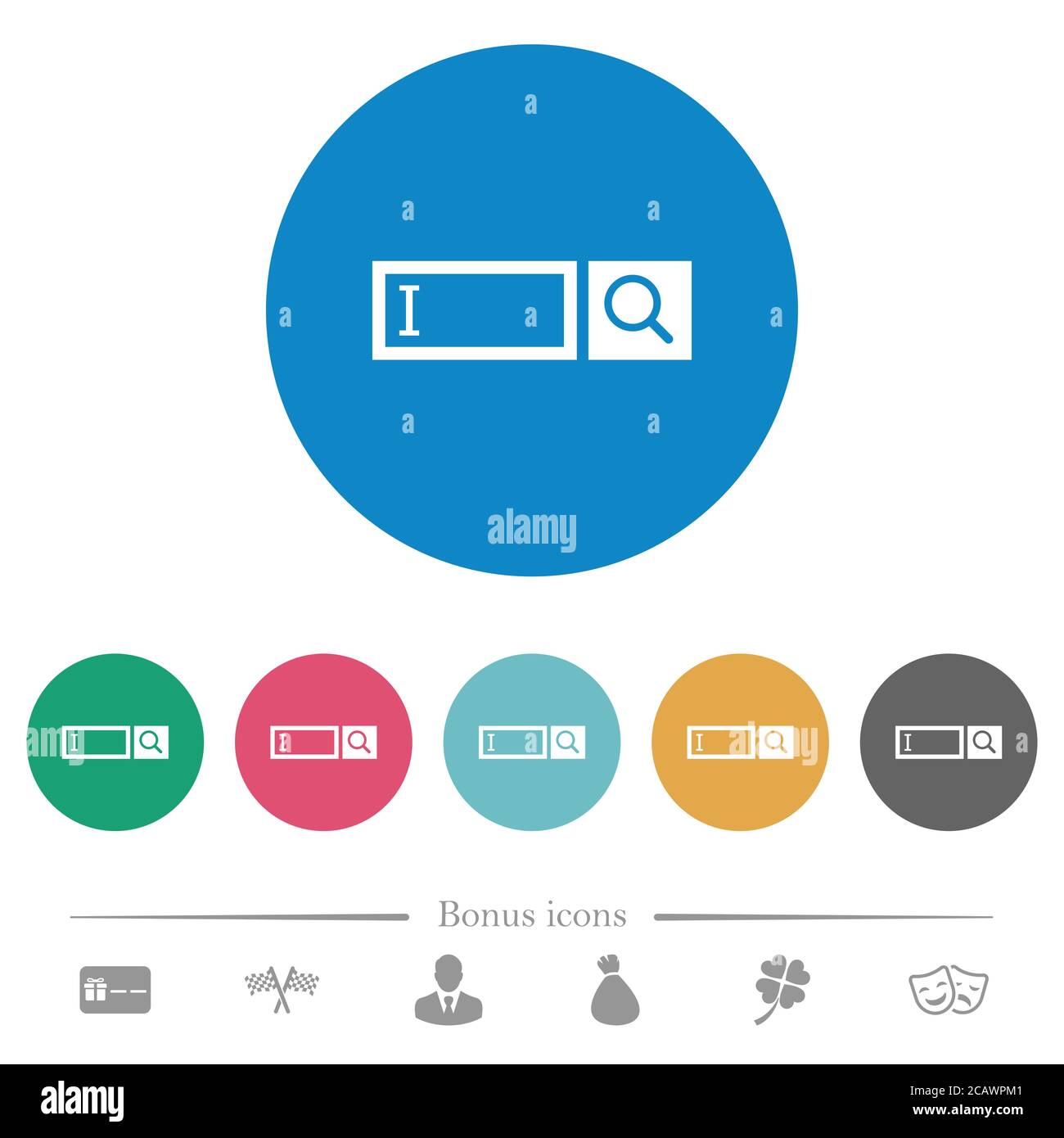 Search box with cursor flat white icons on round color backgrounds. 6 ...