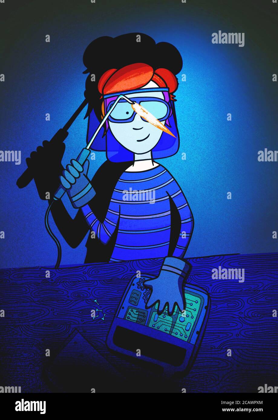 Illustration of redhead girl constructiong something with welder. Stock Photo
