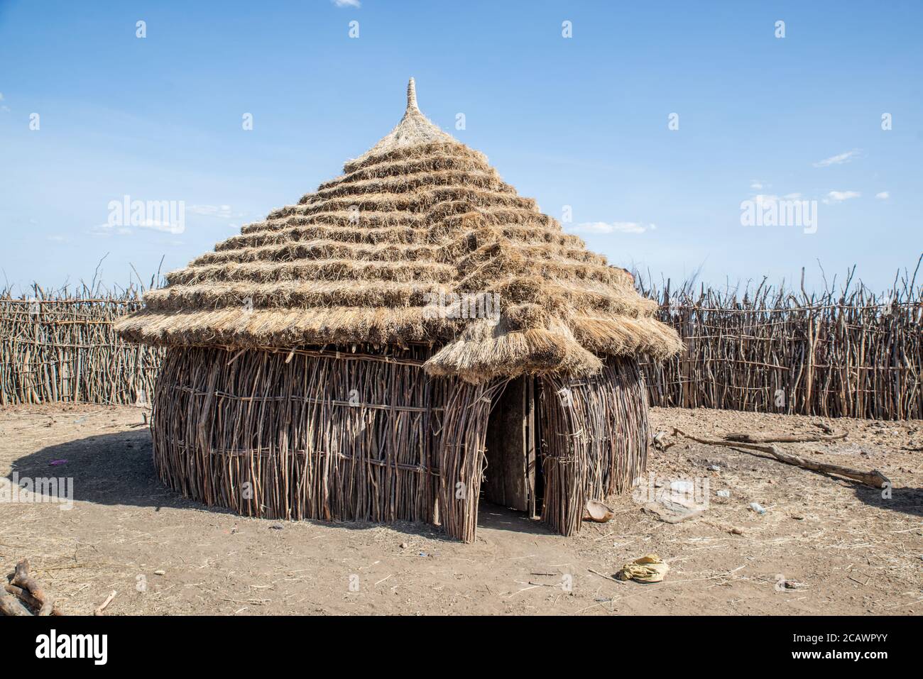 Traditional straw hut in a rural village of Karamojong people, Moroto District, Uganda Stock Photo