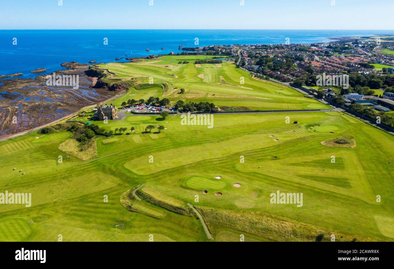 Aerial view of Winterfield, golf course, Dunbar, Scotland. Stock Photo