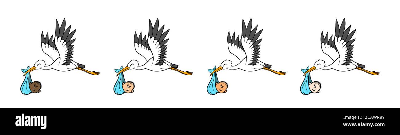 Illustration of storks carrying racially diverse babies on an isolated background Stock Photo