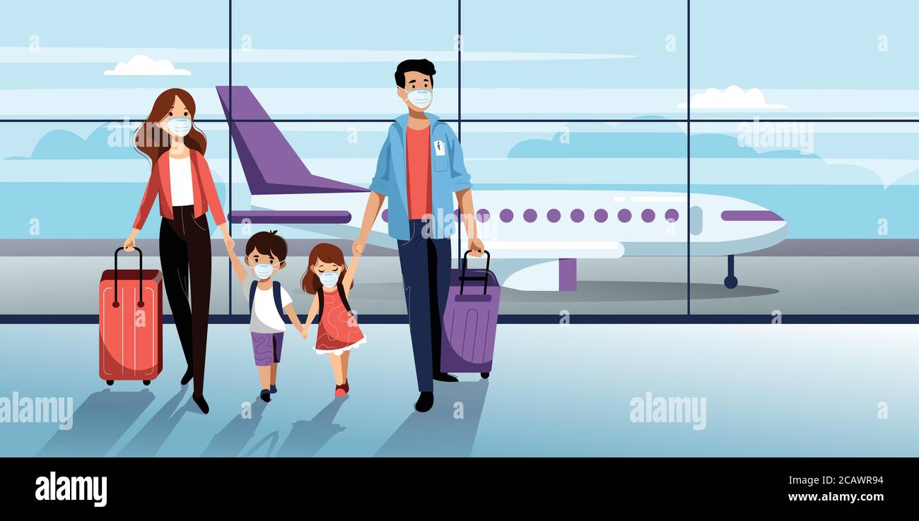 Family with two kids in medical protection masks in airport terminal. Vector illustration. Traveling by airplane during outbreak of coronavirus epidem Stock Vector