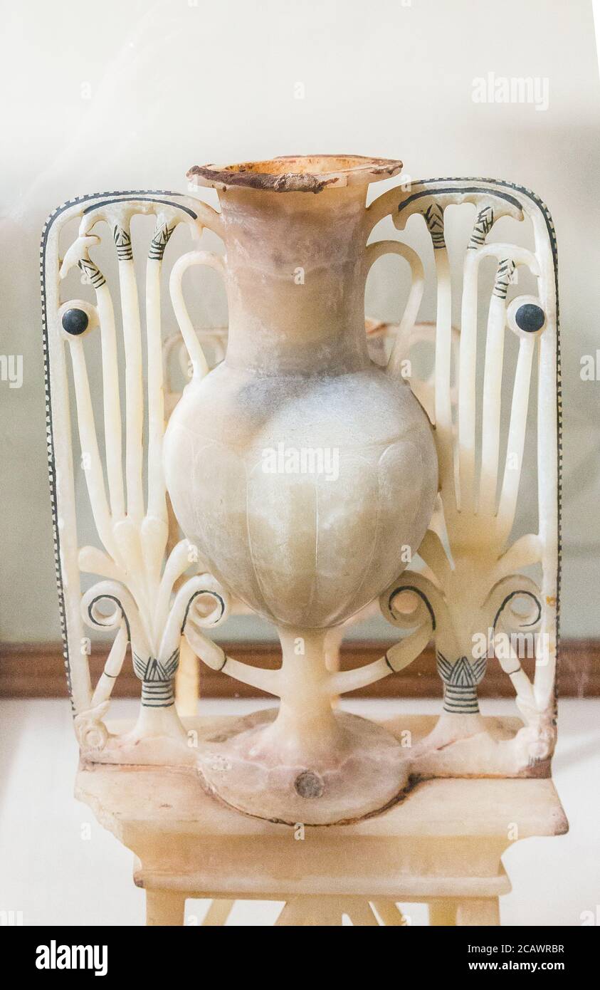 Egypt, Cairo, Egyptian Museum, Tutankhamon alabaster, from his tomb in  Luxor : Unguent vase upon stand. With lotus and papyrus flowers Stock Photo  - Alamy