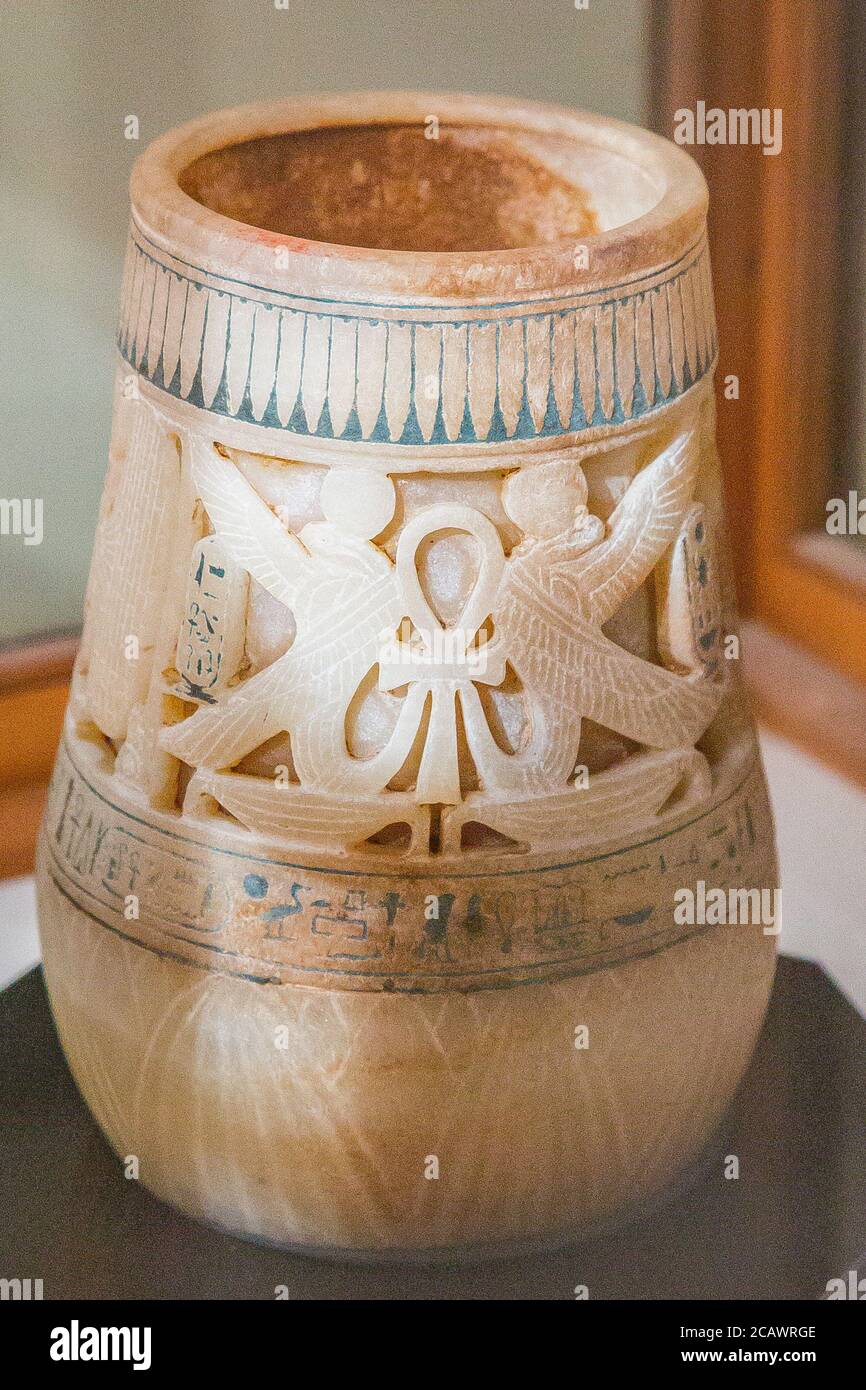 Egypt, Cairo, Tutankhamon alabaster, from his tomb in Luxor : Unguent vase in the form of a situla. Stock Photo