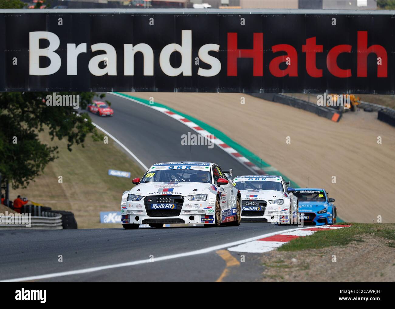 West Kingsdown, Kent, UK. 09th Aug, 2020. Kwik Fit British Touring Car Championship, Race Day; James Gornall in his GKR TradePriceCars.com Audi S3 leads Bobby Thompson in his GKR TradePriceCars.com Audi S3 on Hailwoods Hill during round 4 Credit: Action Plus Sports Images/Alamy Live News Stock Photo