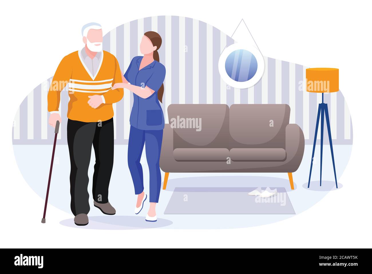 Home care services for seniors. Nurse or volunteer worker taking care of elderly disabled man. Vector flat cartoon characters and room interior illust Stock Vector