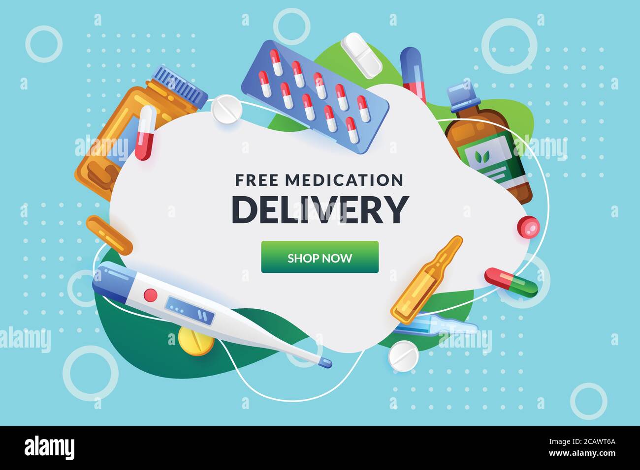 Pharmacy abstract white frame with pills, drugs, medical bottles. Drugstore vector background. Medicine, healthcare or home delivery service banner, p Stock Vector