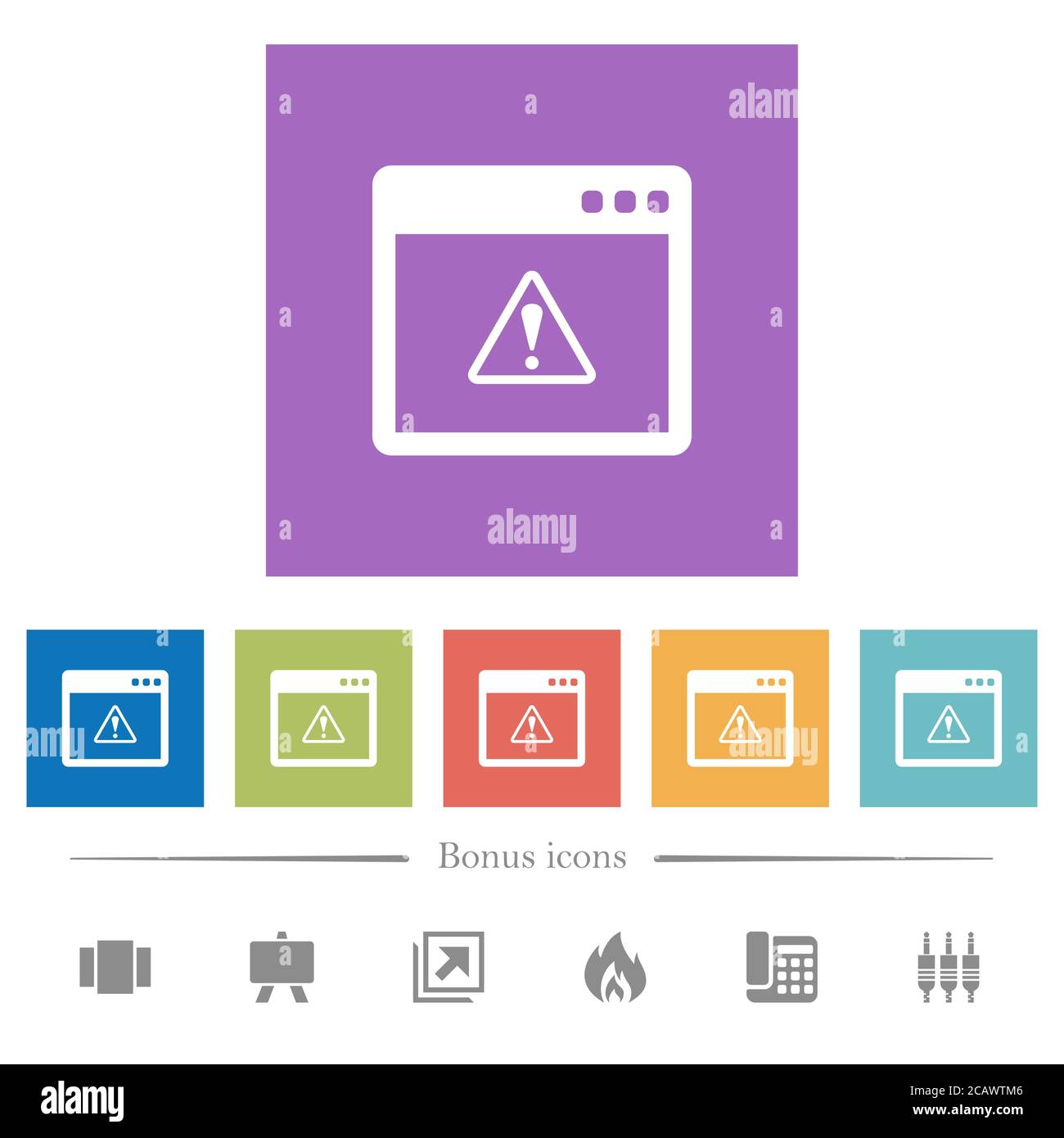 Application warning flat white icons in square backgrounds. 6 bonus ...