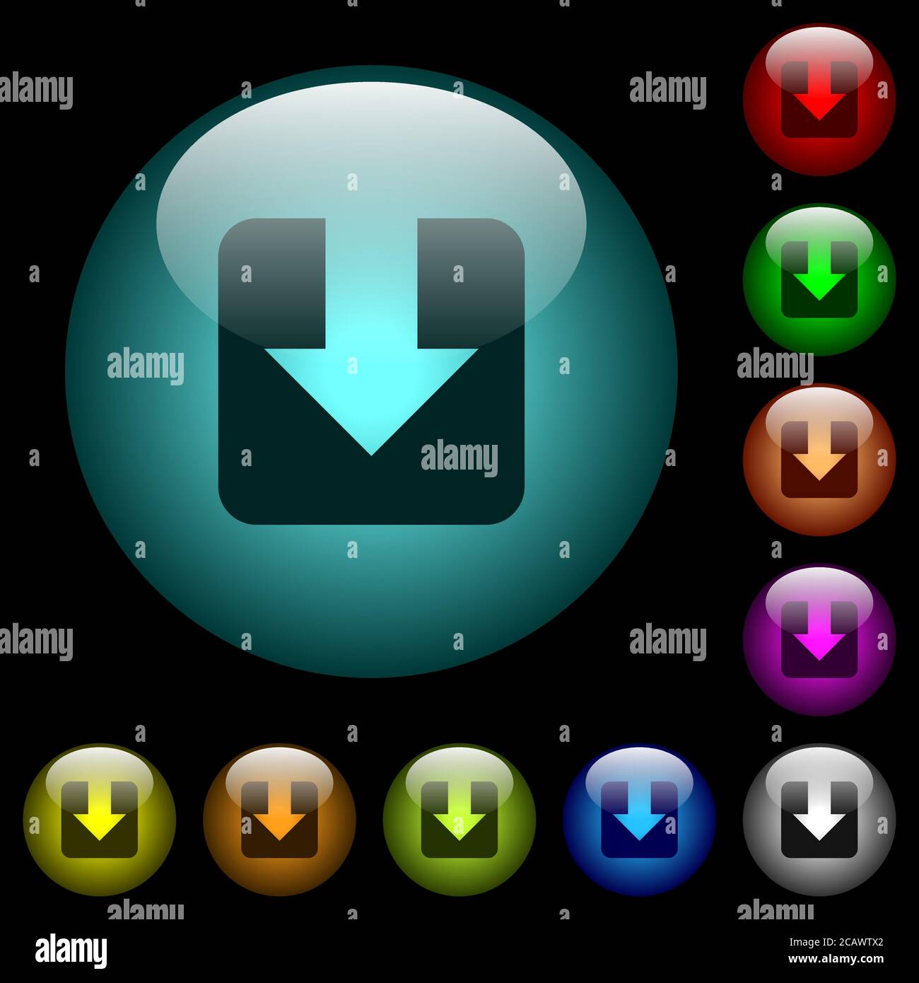 Download icons in color illuminated spherical glass buttons on black ...