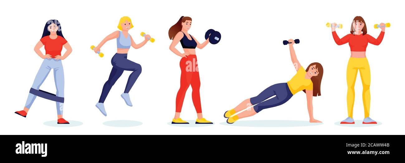 Female athletes or gym instructors in different poses on white background. Girls characters with resistance fitness bands and dumbbells. Vector flat c Stock Vector