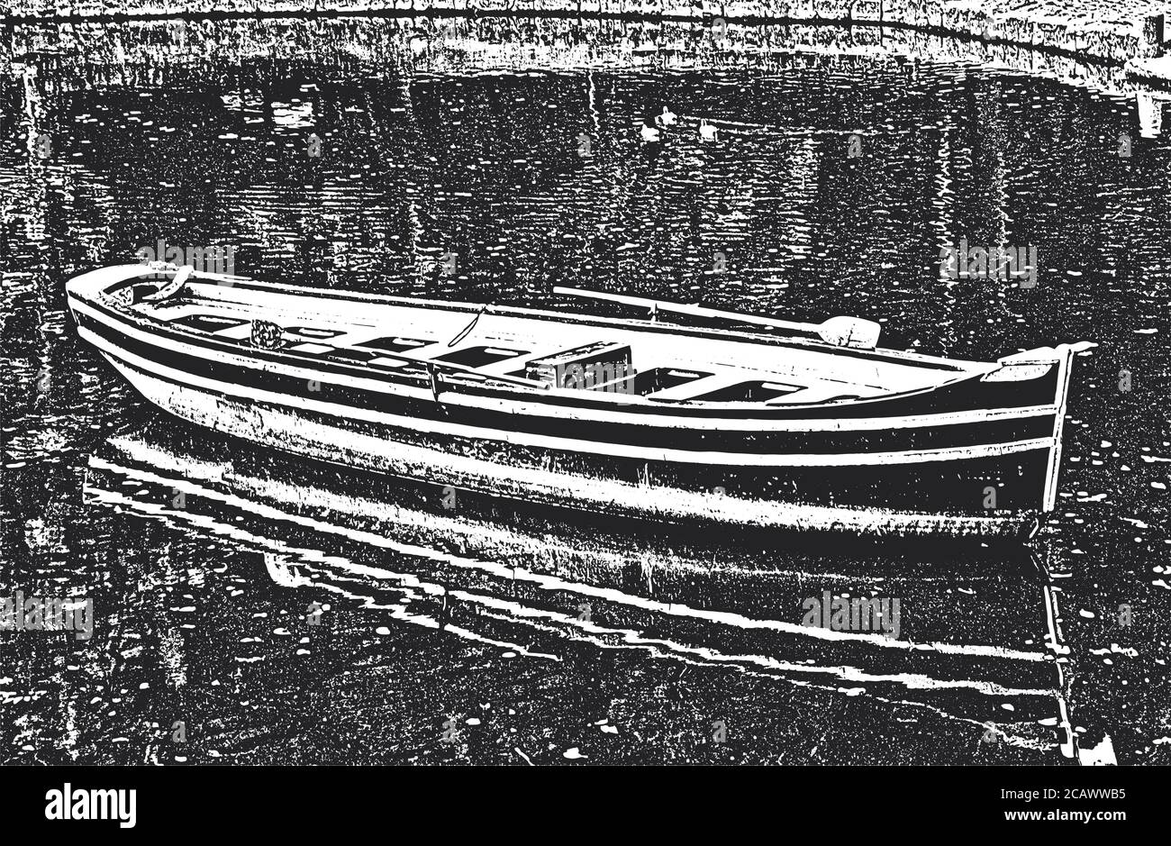 Old worn wooden boats on the river bank. Distressed vector Illustration. Black and white background. Stock Vector