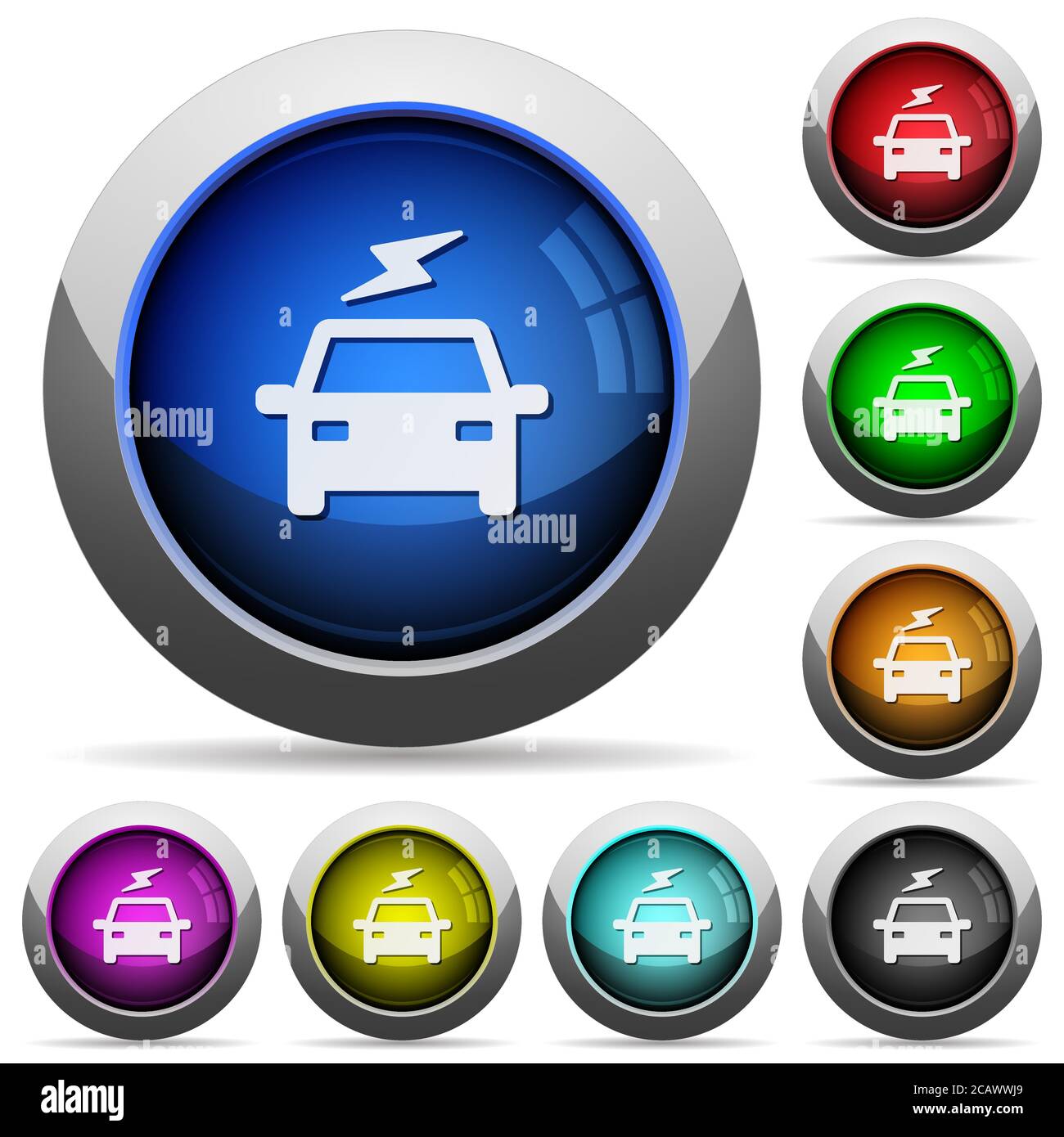Electric car with flash icons in round glossy buttons with steel frames