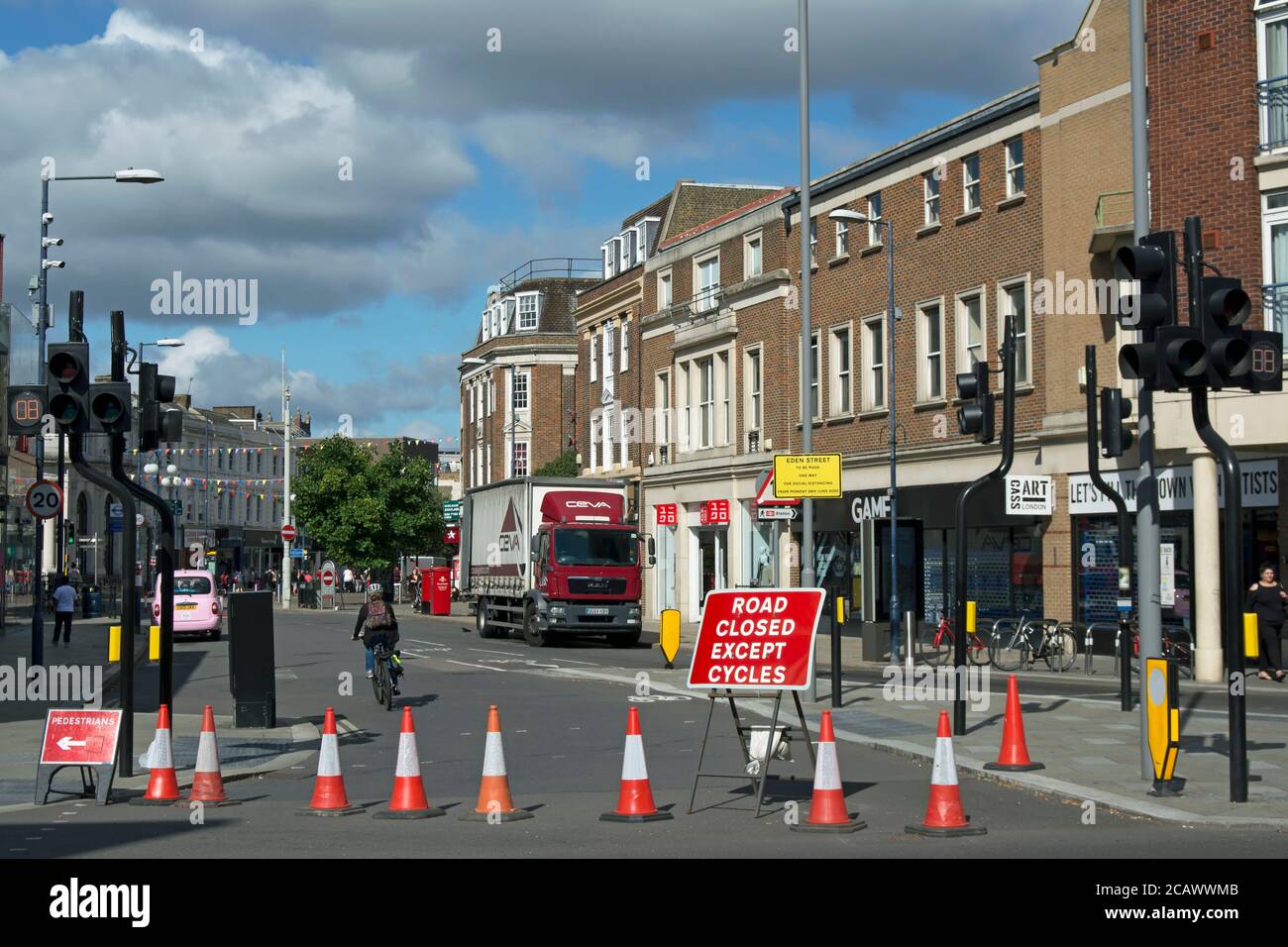 road closure except for cycles, indicated by cones and a sign, in kingston upon thames, surrey, england Stock Photo