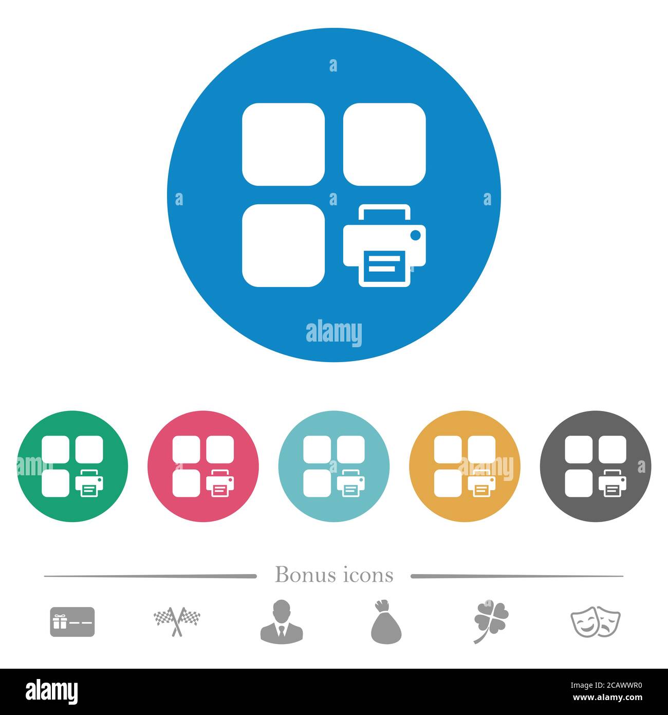 Print component flat white icons on round color backgrounds. 6 bonus ...