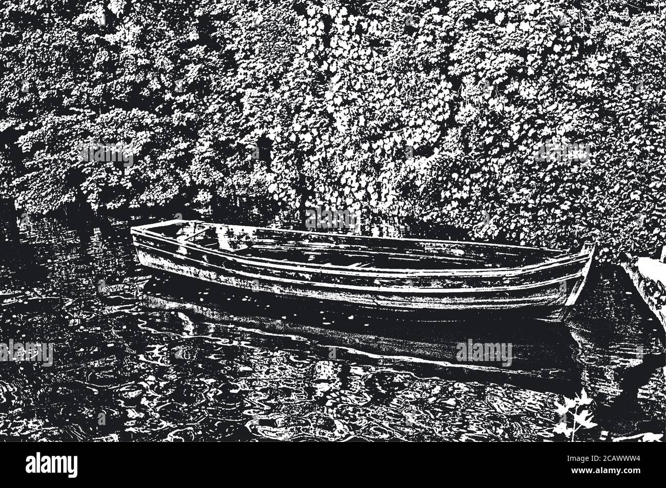 Old worn wooden boats on the river bank. Distressed vector Illustration. Black and white background. Stock Vector