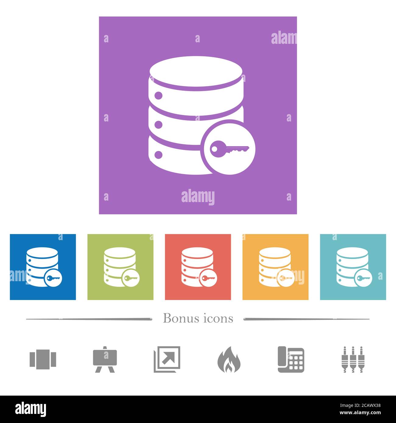 Secure database flat white icons in square backgrounds. 6 bonus icons ...