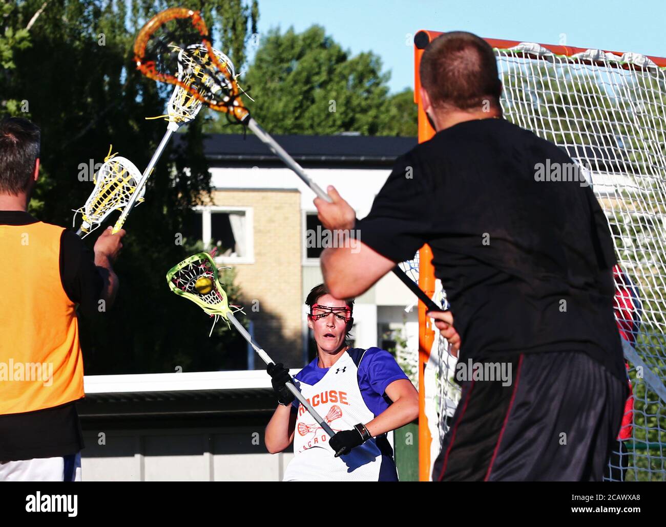 Linköping, Sweden 20140618 Lacrosse player training before a match