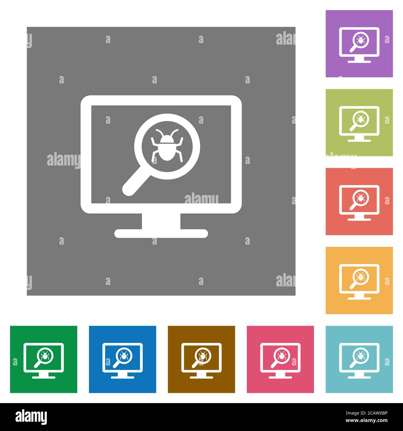 Spyware scanning flat icons on simple color square backgrounds Stock Vector