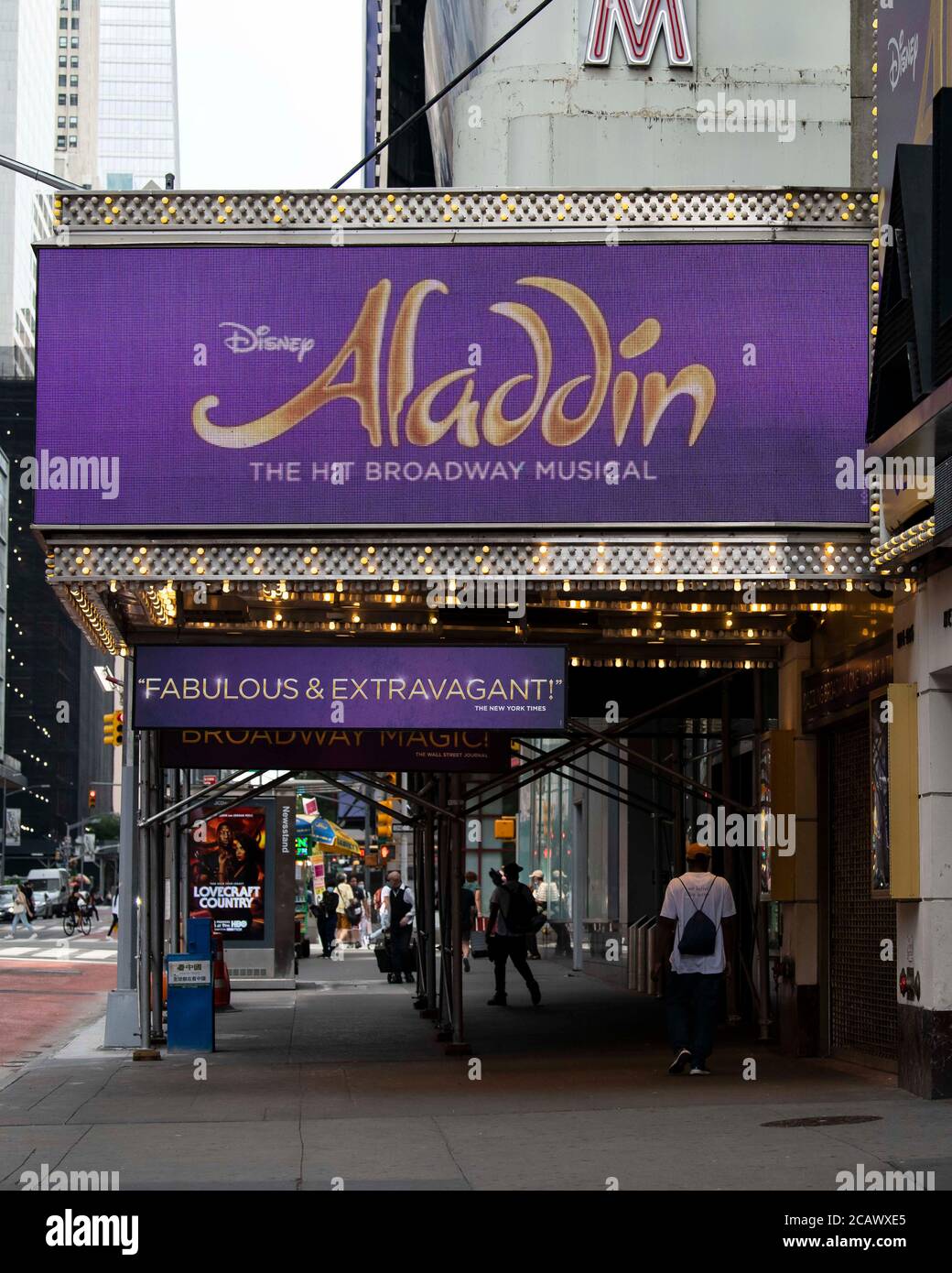 August 08 An Overall View Of The Disney Aladdin Marquee As The Theatre Sits Dark On Broadway In Manhattan New York Mandatory Credit Kostas Lymperopoulos Csm Stock Photo Alamy