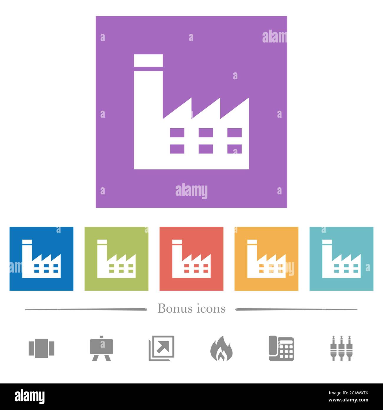 Factory building flat white icons in square backgrounds. 6 bonus icons ...