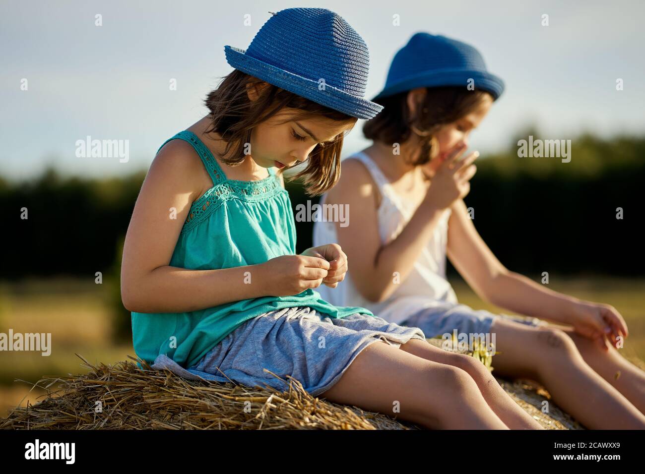 two charming girls are eating sunflower seeds on mown rye in the field Stock Photo