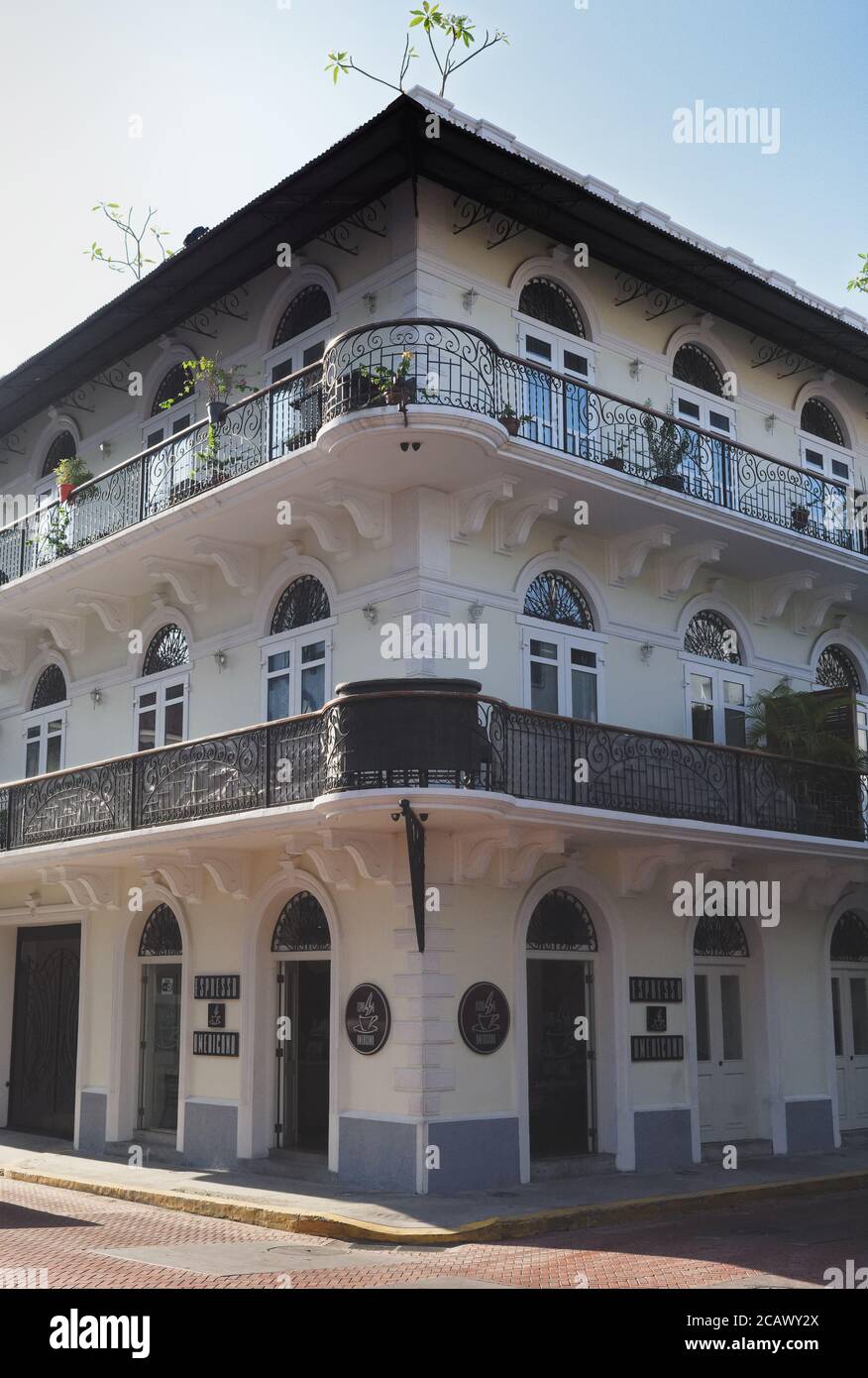Balconies within Casco Viejo, the old town of Panama City with lots of restoration done and underway of Spanish colonial architecture. Stock Photo