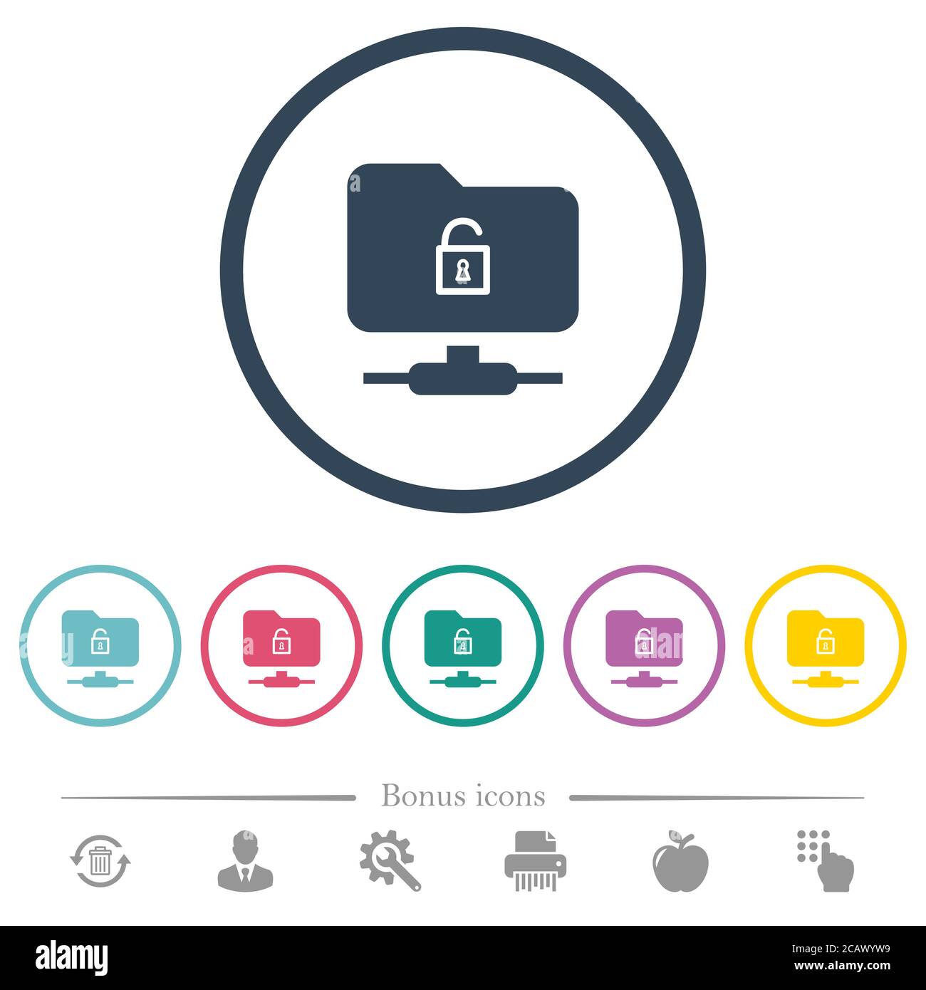 FTP unlock flat color icons in round outlines. 6 bonus icons included ...