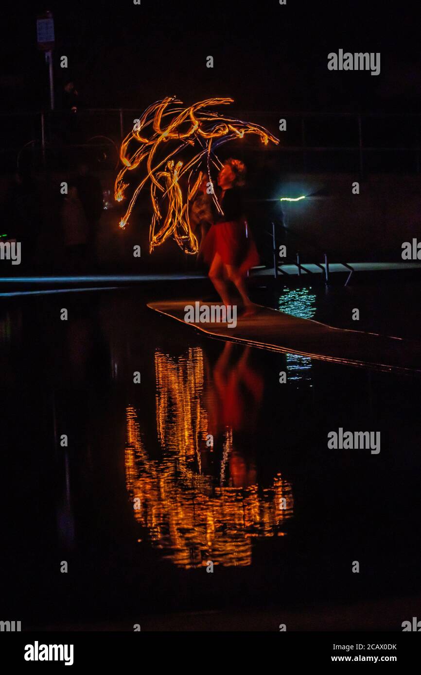 Fire spinning down at marine lake Clevedon Stock Photo Alamy