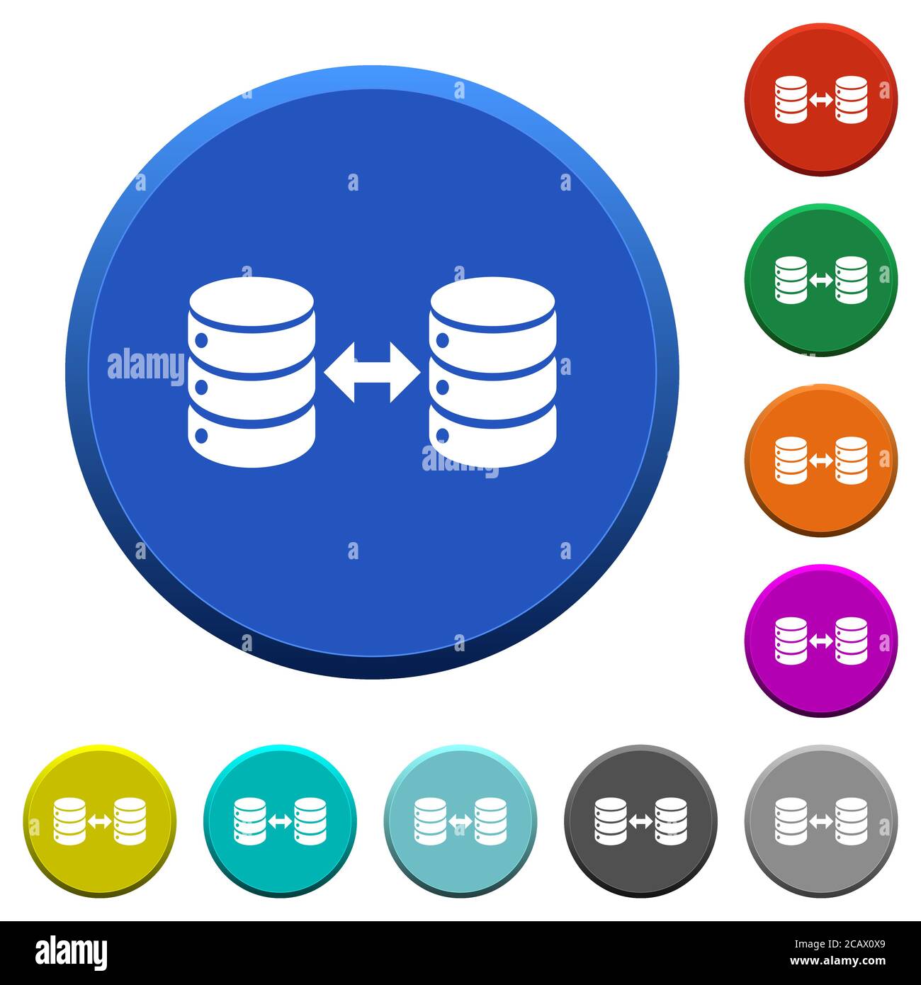 Syncronize databases round color beveled buttons with smooth surfaces and flat white icons Stock Vector