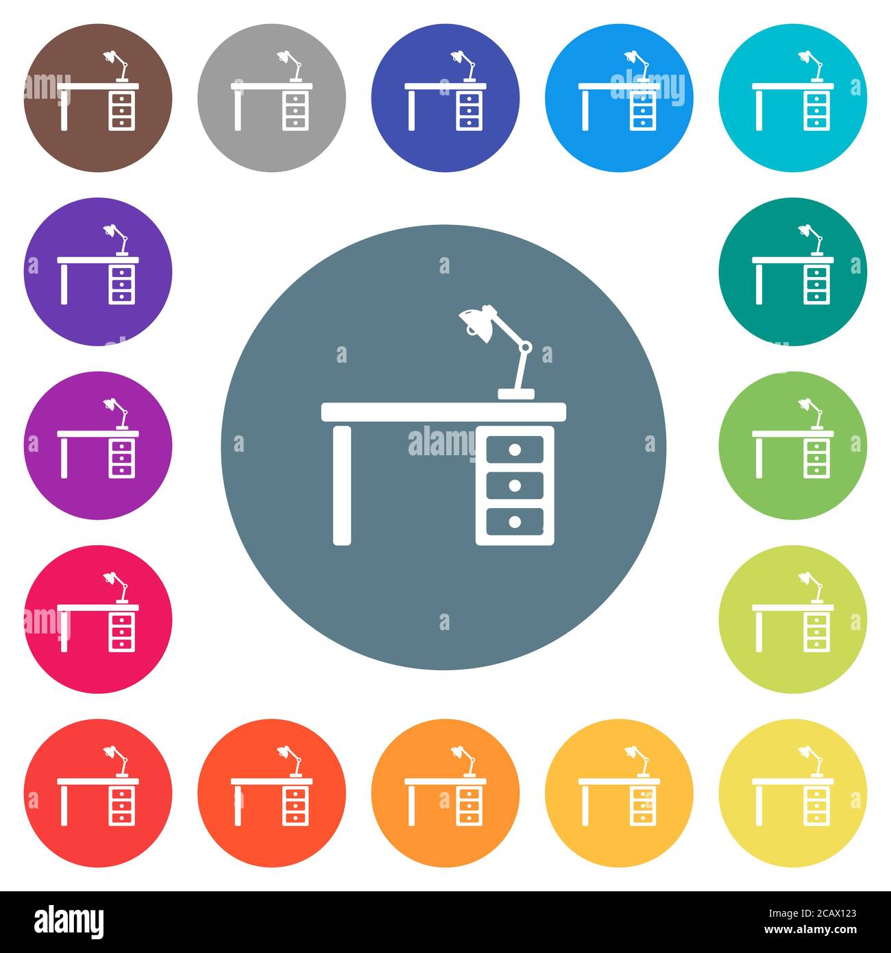 Desk with lamp flat white icons on round color backgrounds. 17 ...