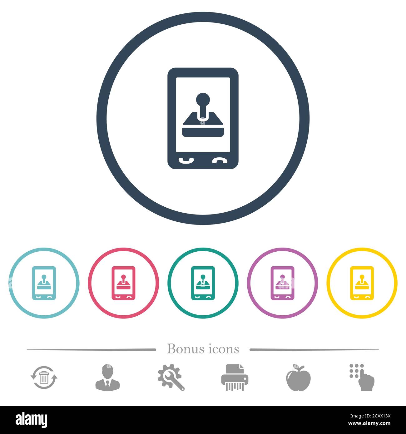 Mobile gaming flat color icons in round outlines. 6 bonus icons ...