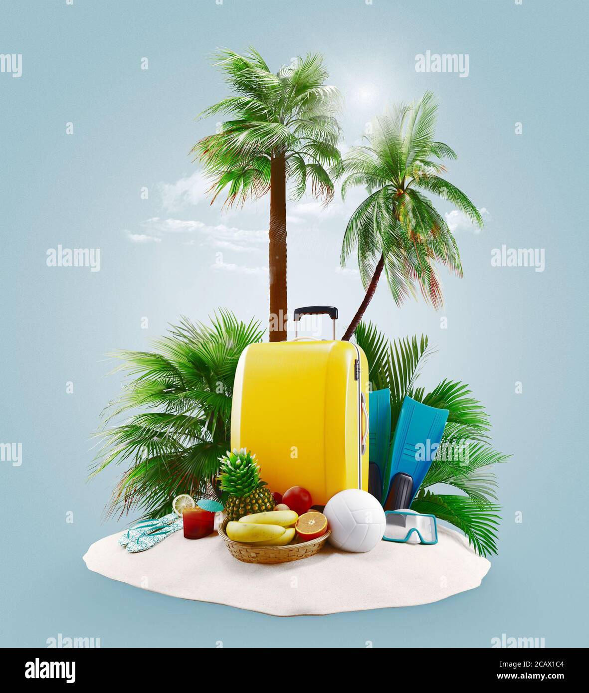 Suitcases with palms on the beach, island. Holiday or vacation concept. 3d rendering Stock Photo