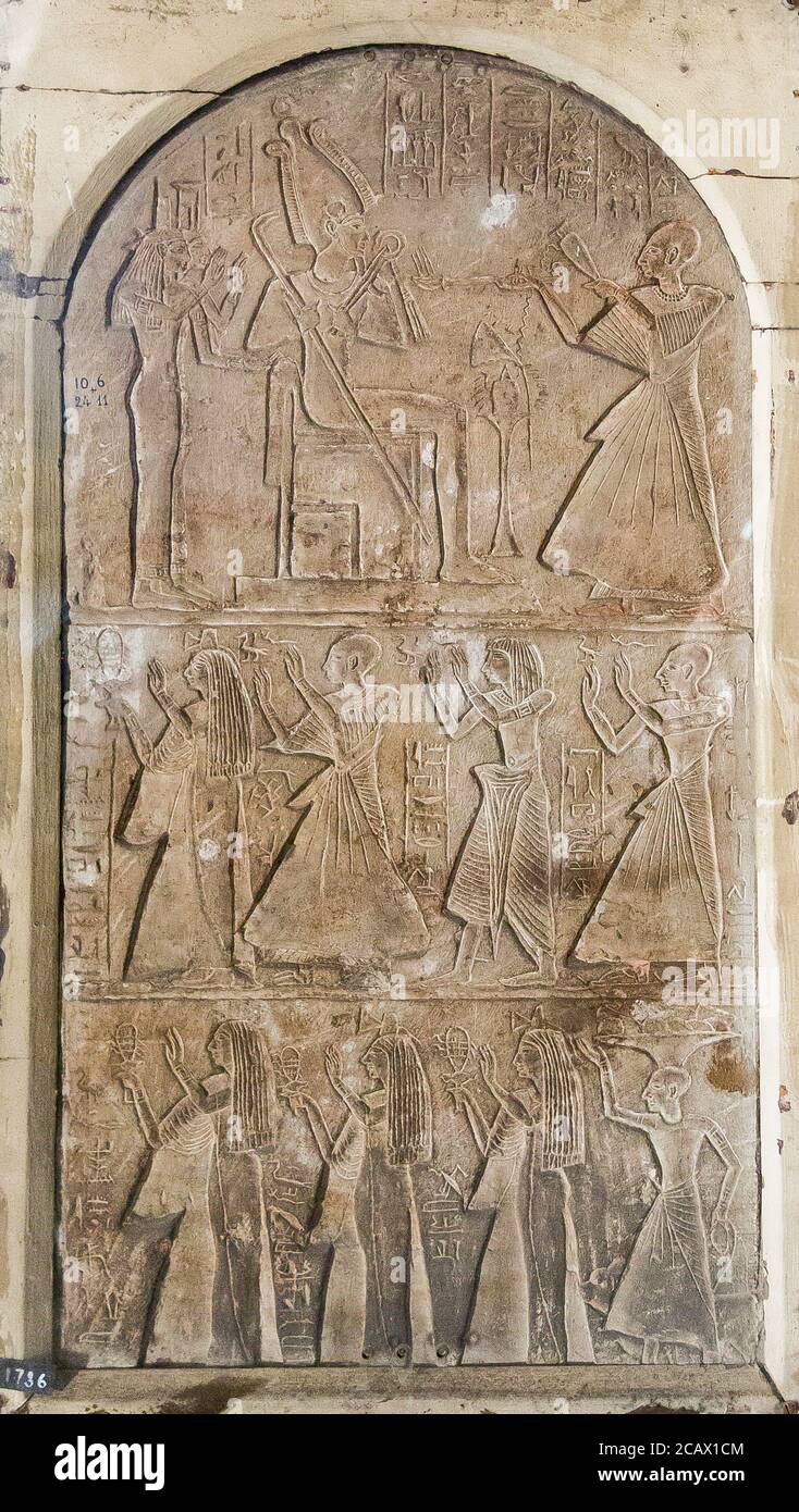 Egypt, Cairo, Egyptian Museum, round-topped stela, in three registers, of Any, who's title 'general of the estate of Amun' is very rare. Stock Photo