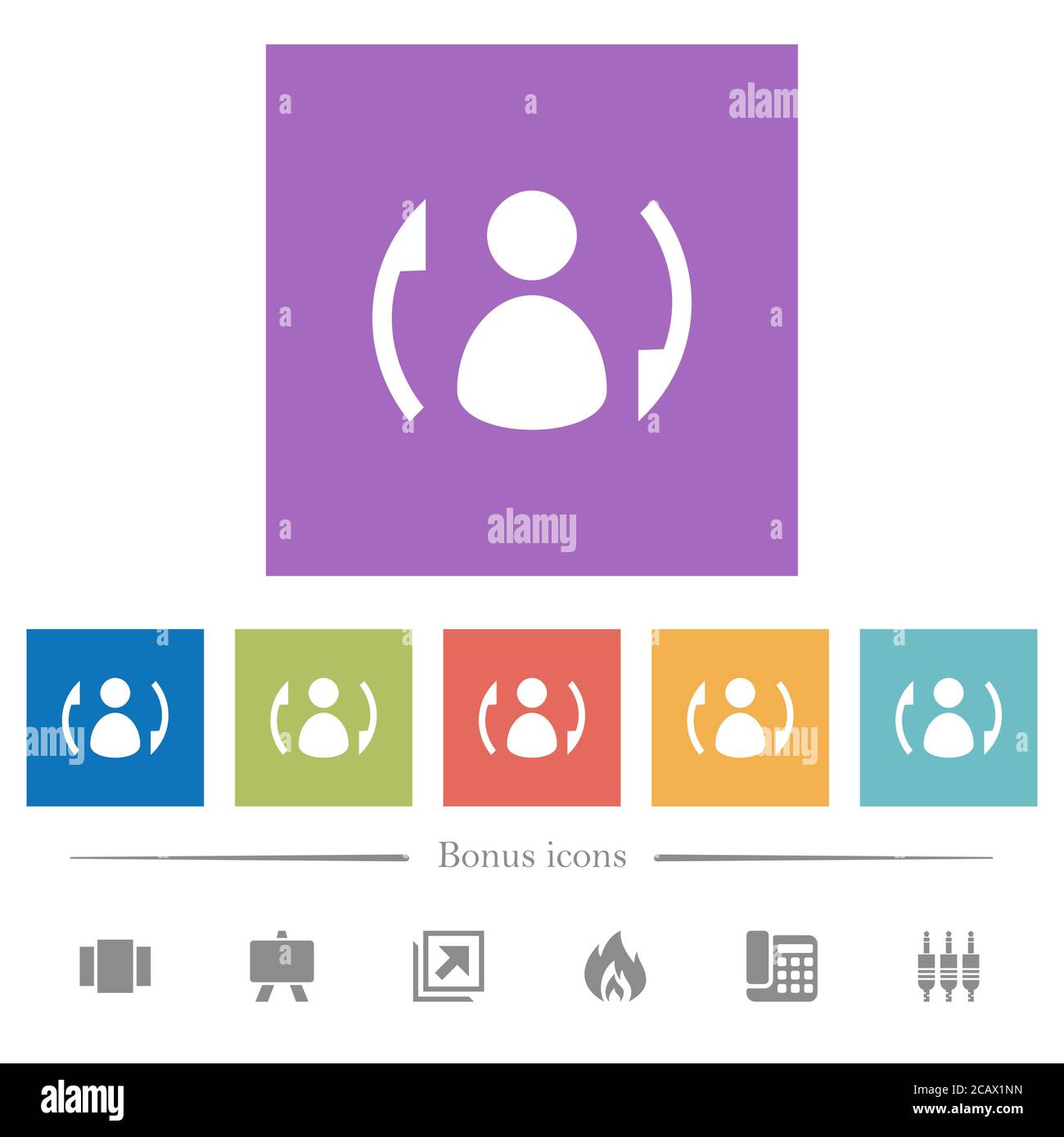 Syncronize contacts flat white icons in square backgrounds. 6 bonus ...