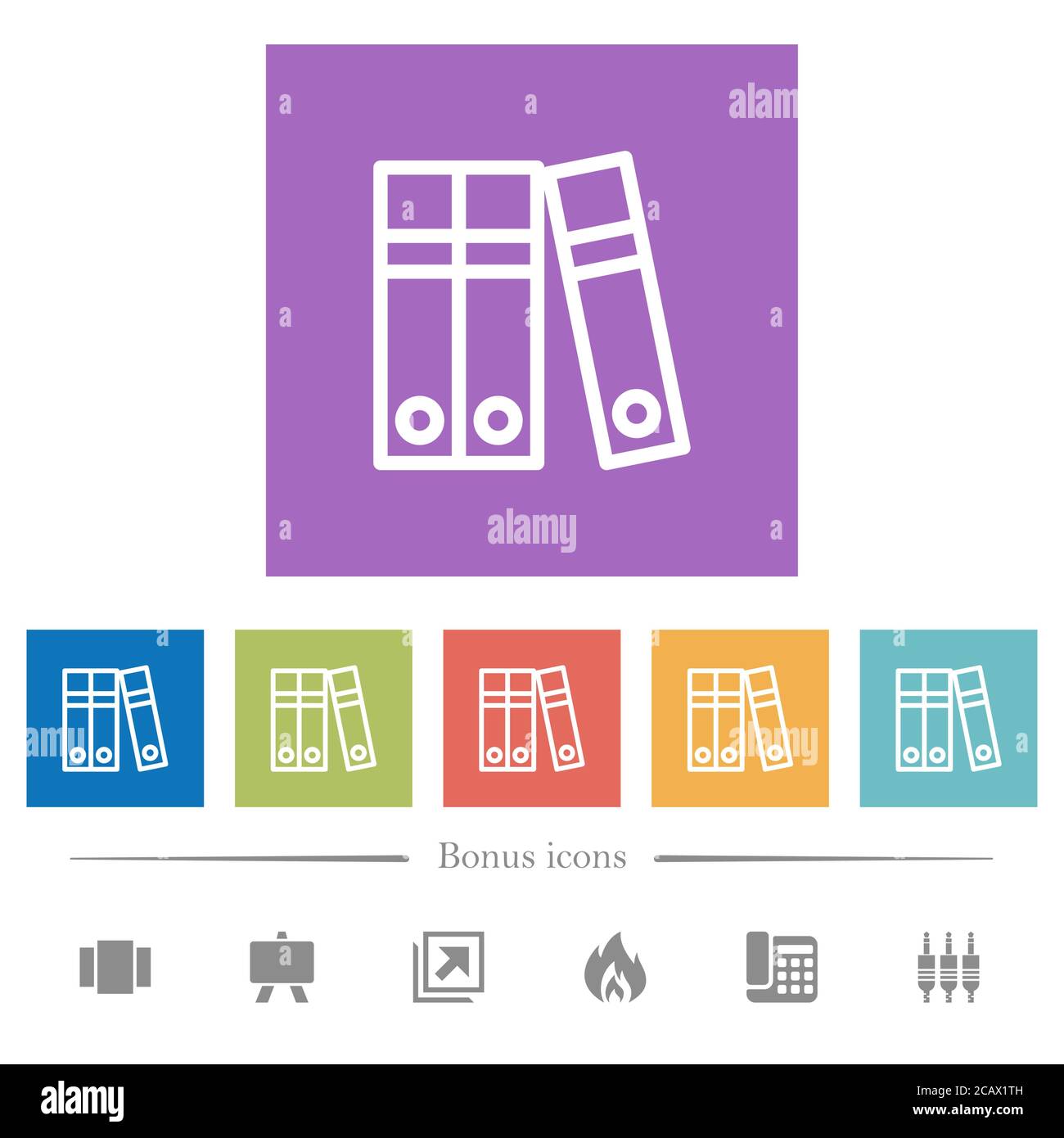 Document folders flat white icons in square backgrounds. 6 bonus icons included. Stock Vector