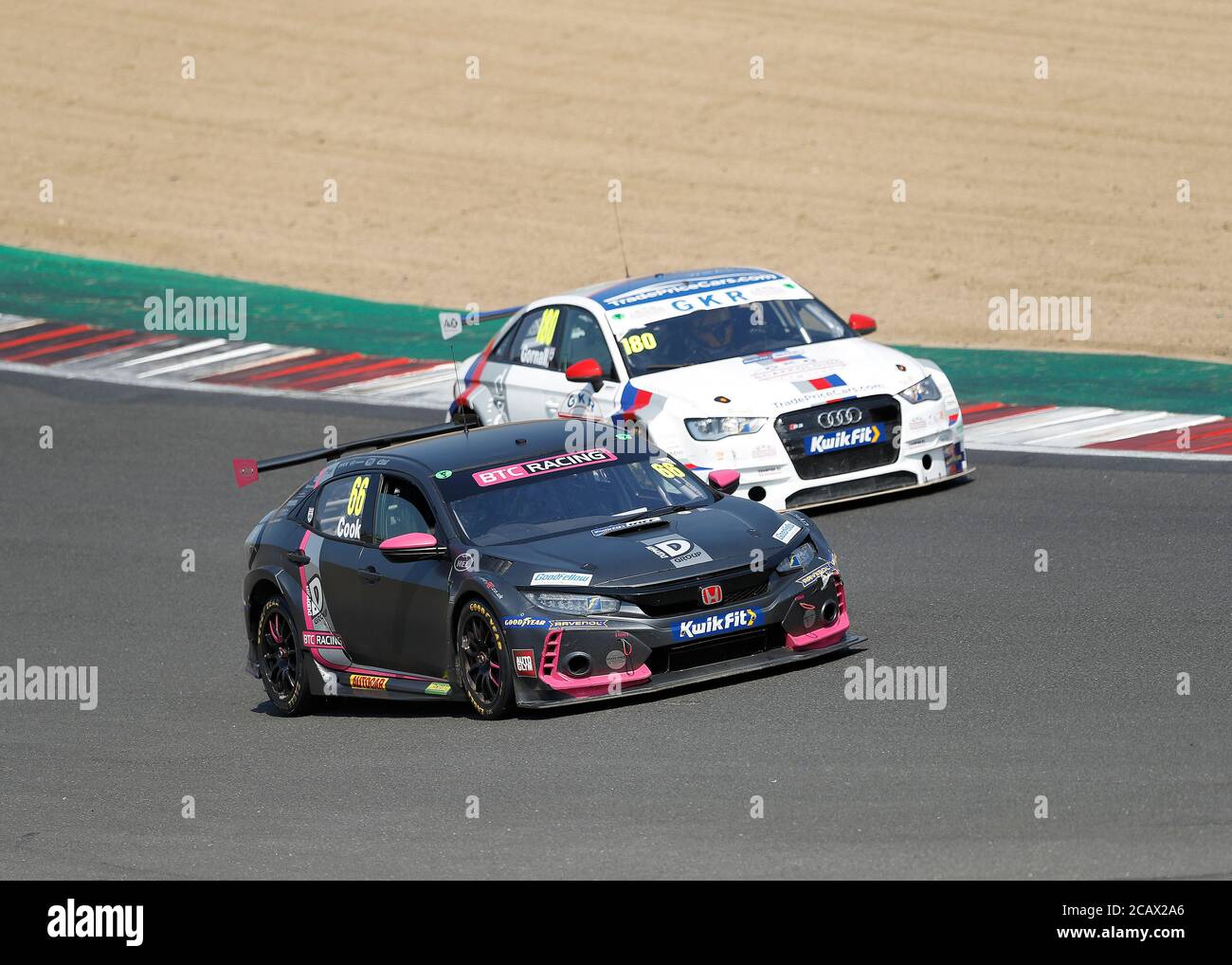 West Kingsdown, Kent, UK. 09th Aug, 2020. Kwik Fit British Touring Car Championship, Race Day; Josh Cook in his BTC Racing Honda Civic Type R (FK8) leads James Gornall in his GKR TradePriceCars.com Audi S3 during round 5 Credit: Action Plus Sports Images/Alamy Live News Stock Photo