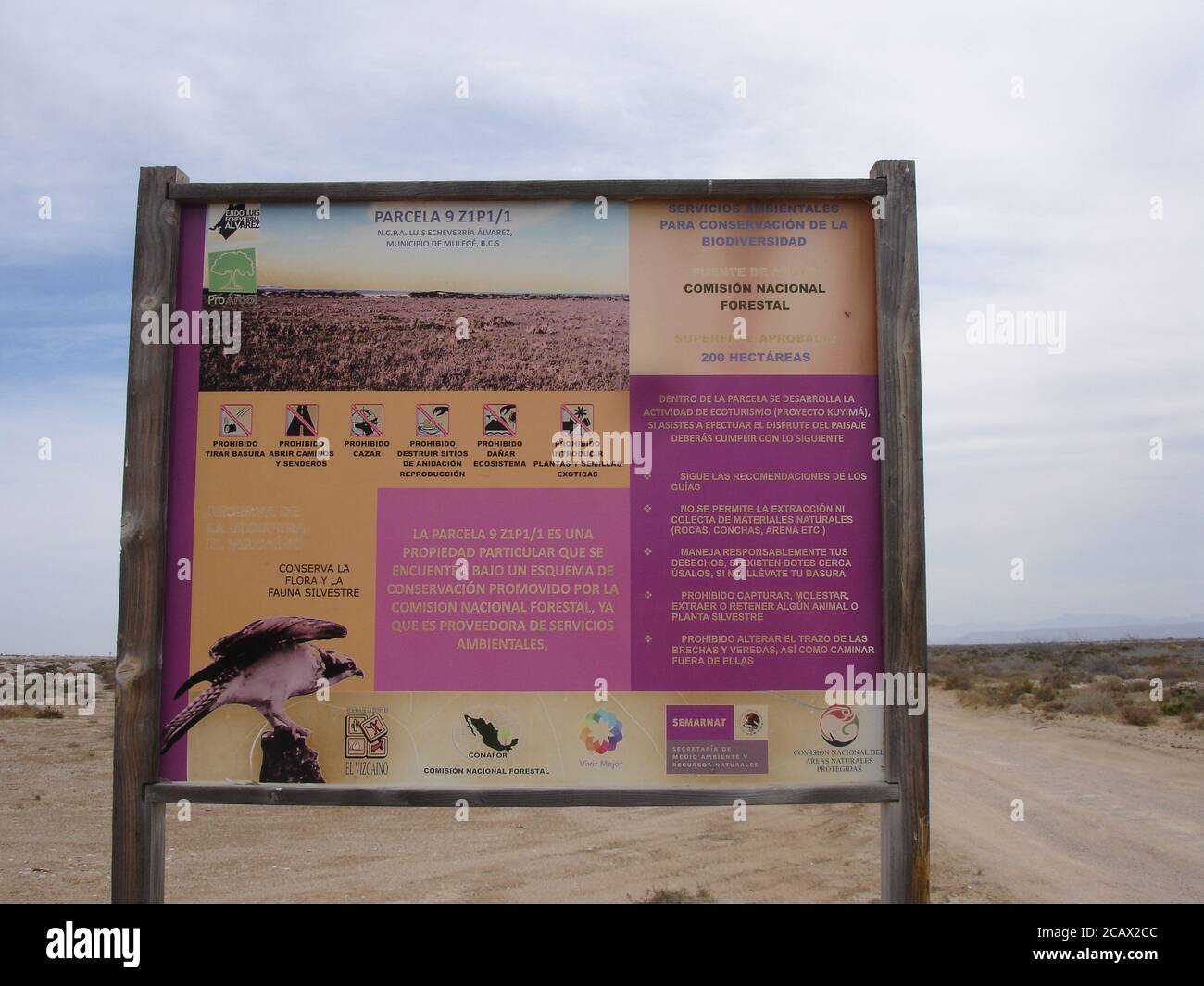 Notice explaining prohibited behavious in the Vizcaino Desert of Baja Californis Sur to protect the native biodiversity of flora and fauna. Stock Photo