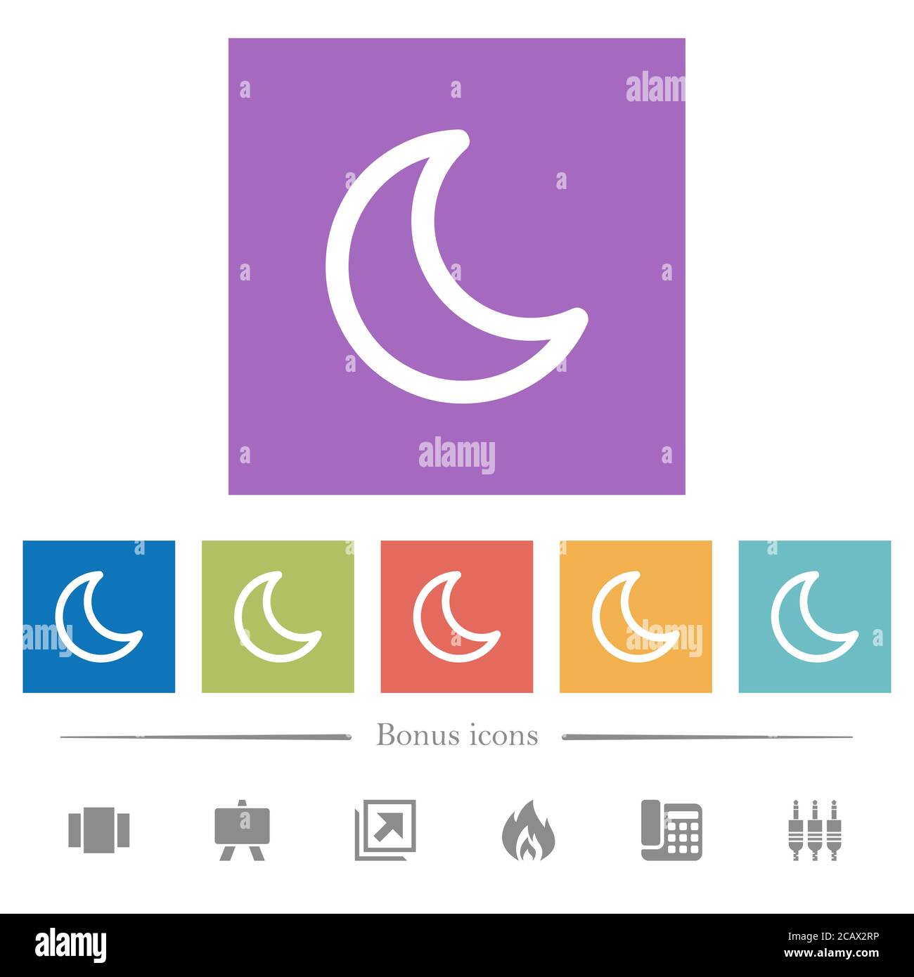 Moon shape flat white icons in square backgrounds. 6 bonus icons ...