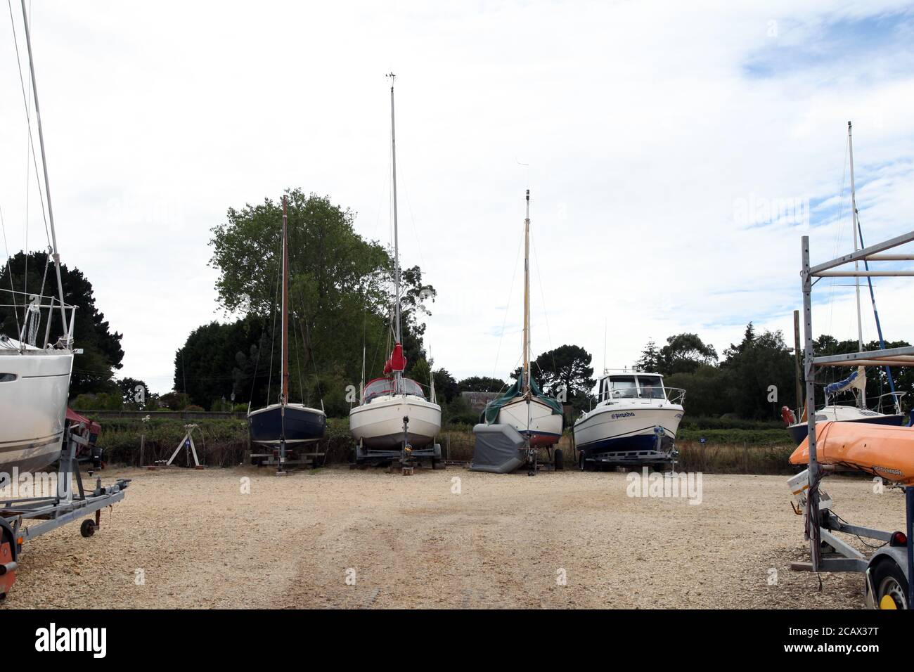 Boats in dry dock at Bucklers Hard, Boldre, New Forest, Hampshire, England, UK Stock Photo