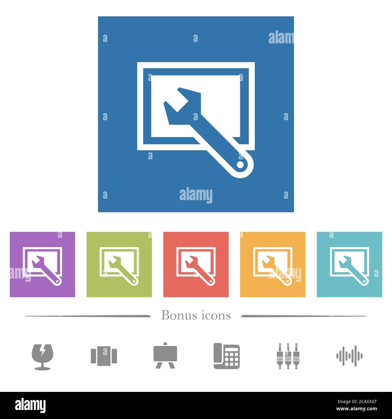 Screen settings flat white icons in square backgrounds. 6 bonus icons ...