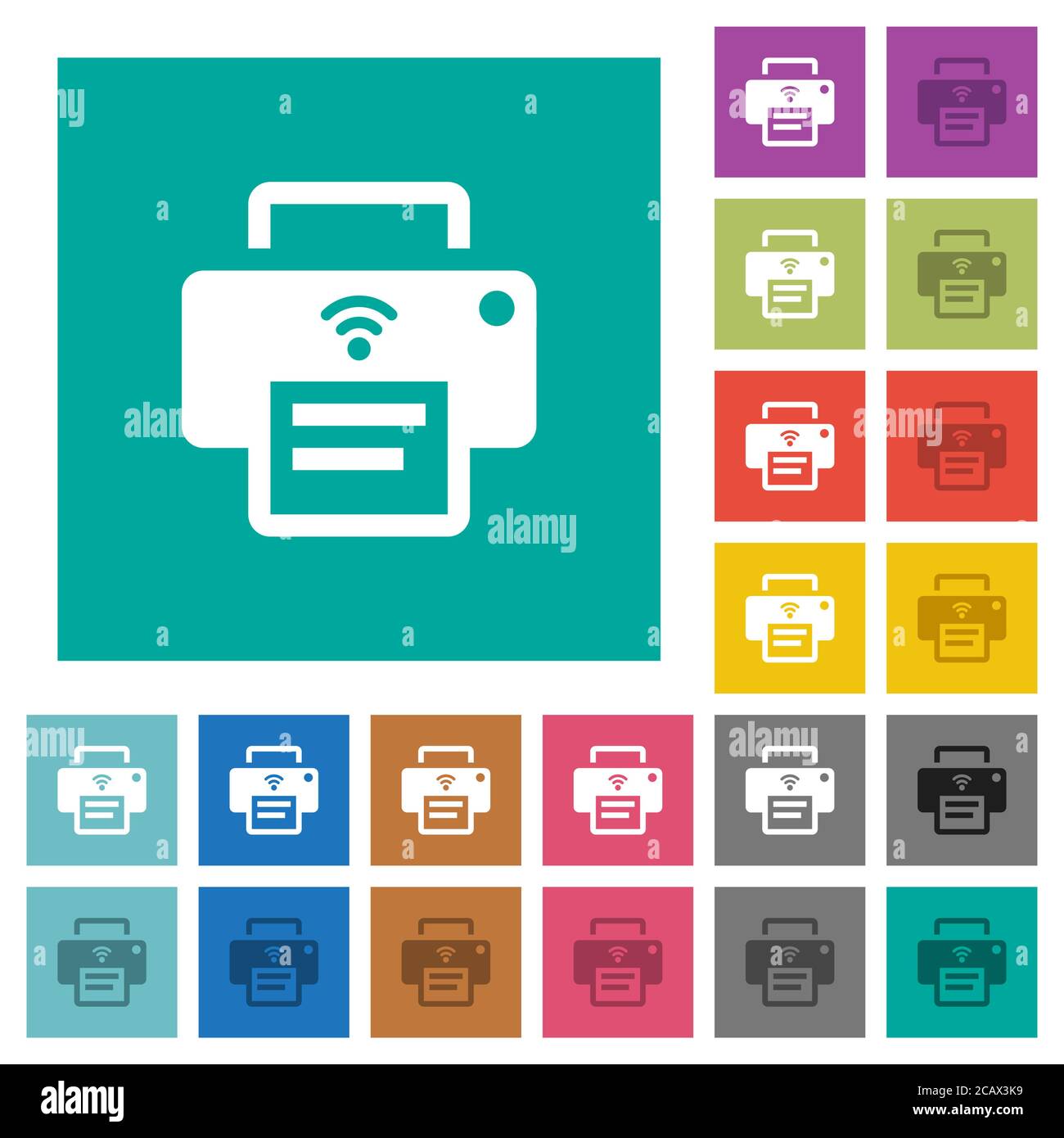 Wireless printer multi colored flat icons on plain square backgrounds. Included white and darker icon variations for hover or active effects. Stock Vector